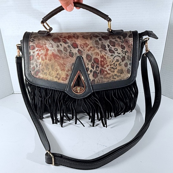 Femina Handbags - Femina Fringe Leopard Print Black Handbag Gold Interior Detachable Strap